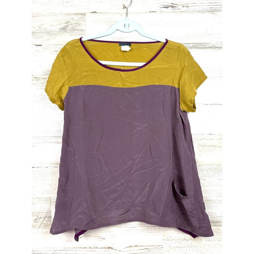 Anthropologie Left of Center Womens XS Purple Mustard Silk Boho Flare Blouse